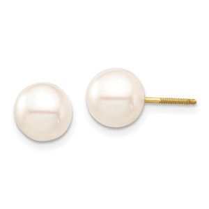 14k Yellow Gold Childrens 7-8mm White Round FWC Pearl Screwback Earrings